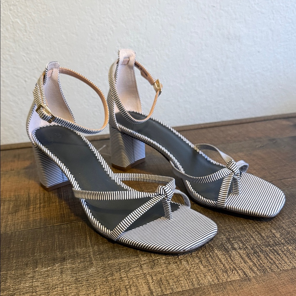J. Crew Navy & White Striped Ankle-Strap Block Heel Sandals